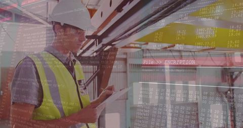 Engineer Inspects Construction Site with Code Overlay Symbolizing Technology