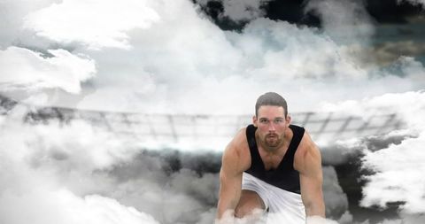 Athlete in dynamic crouch amidst imaginative cloudscape