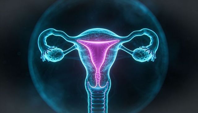 Neon 3d uterus and ovaries illustration showing translucent cervix and fallopian tubes
