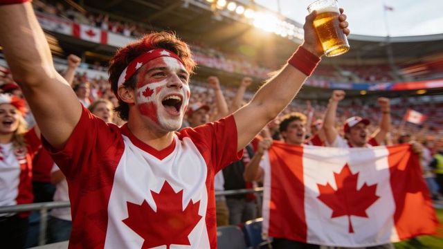 Cheering canadian fan with maple facepaint raising beer and waving flag in stadium crowd