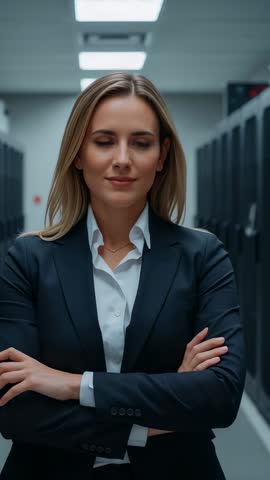 Blinking IT executive standing with arms crossed in data center server room vertical video