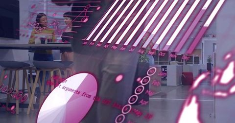 Collaborating team visualizing magenta analytics overlay in modern open office with pie chart