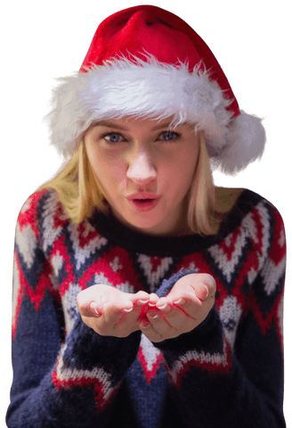 Festive blonde in santa hat blowing a kiss on transparent background