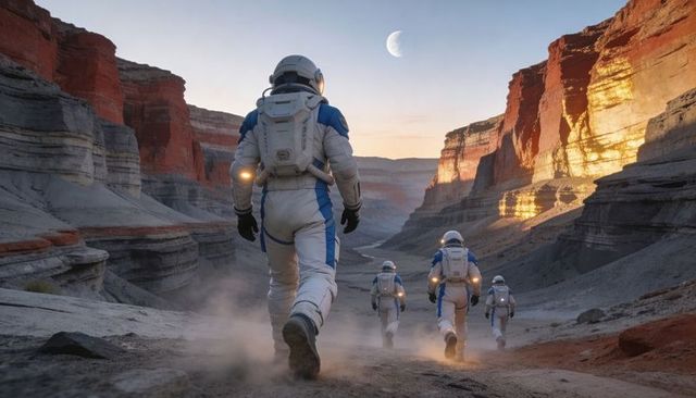 Astronaut team exploring layered canyon at dusk with helmet lights and dust trail