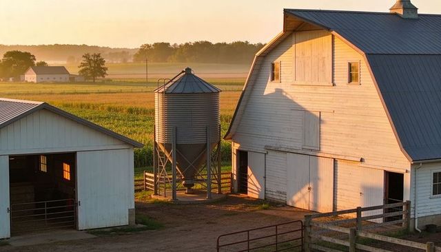 Glowing white gambrel-roof barn basking in golden sunrise with grain silo and cornfields