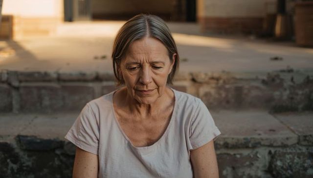 Pensive senior woman sitting on sunny stone steps reflecting and resting on porch