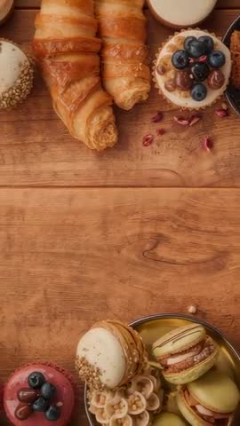 Vertical panning video revealing croissants, tarts and macarons on rustic wooden board