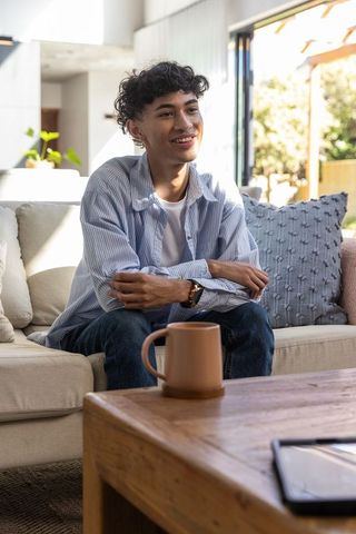 Smiling Man Sitting on Sofa in Sunlit Living Room Relaxed with Tablet