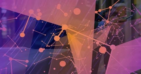 Hand tapping smartphone with neon network overlay connecting nodes and digital data flow