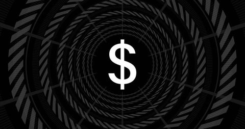 Monochrome dollar tunnel with rotating geometric rings, financial motion concept