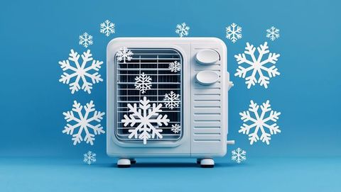 Modern air cooler with snowflake illustrations on blue background