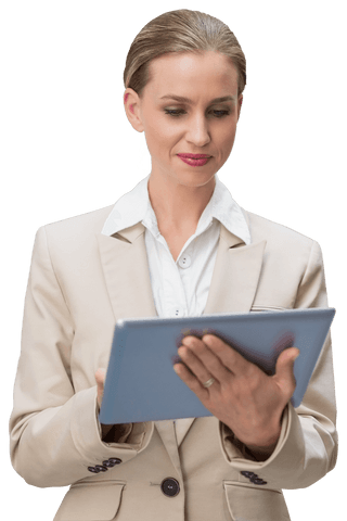 Businesswoman reviewing tablet with transparent background