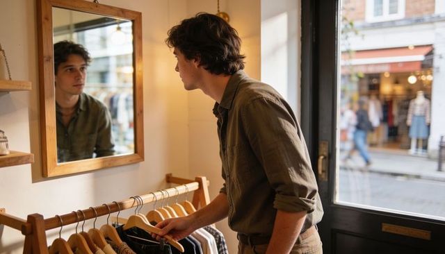 Young man checking reflection while holding hanger in boutique with wooden clothing rack