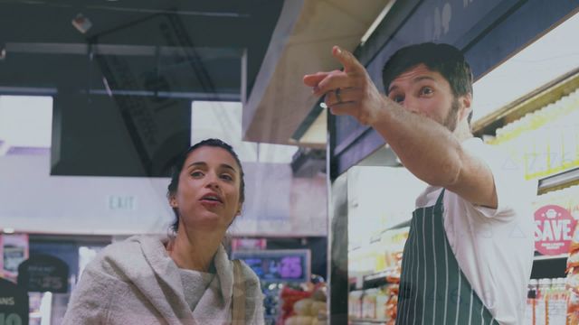 This visual depicts two diverse customers talking with a grocery store clerk, complemented by an overlay of animated banknotes and fireworks. Great for illustrating economic concepts, global retail trends, and customer-clerk interactions in marketing materials, financial presentations, and retail training guides.