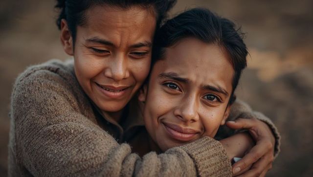 Sisters hugging in golden light showing tearful, intimate empathy in brown knit sweaters