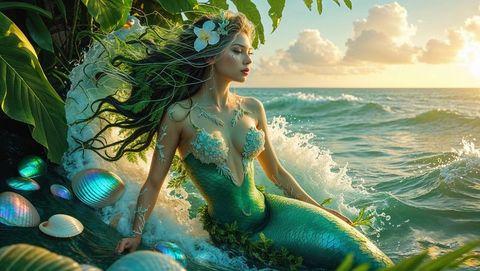 Elegant mermaid relaxing on tropical shore with iridescent seashells