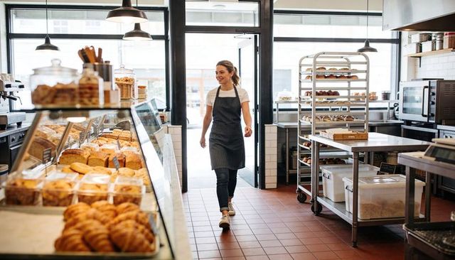 Female baker walking through artisanal bakery interior while displaying fresh baked goods