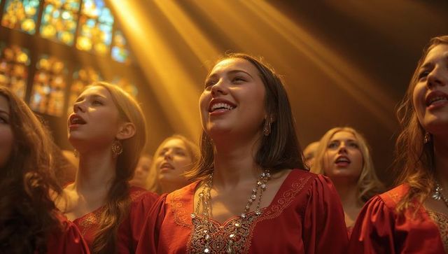 Radiant female choir singing in cathedral sunbeams wearing ornate red embroidered robes