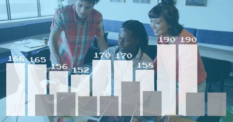 Colleagues Analyzing Data with Overlaid Diagrams in Modern Office