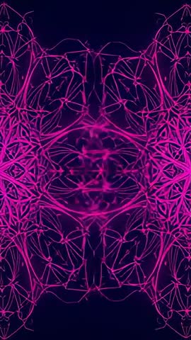 Vertical Neon Kaleidoscope Loop: Pulsing Magenta Filaments Forming Symmetric Mandala