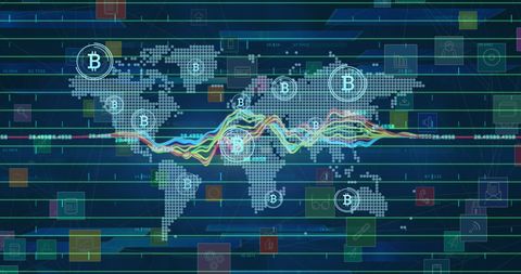 Cryptocurrency and data visualization on global map background