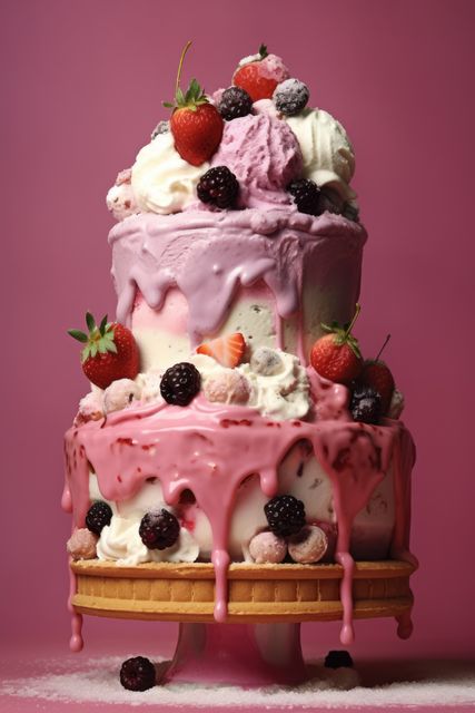 Ice cream cake with pink icing, cream and fruits on top, created using generative ai technology. Cake, celebration, treat, sweet food and deserts concept digitally generated image.