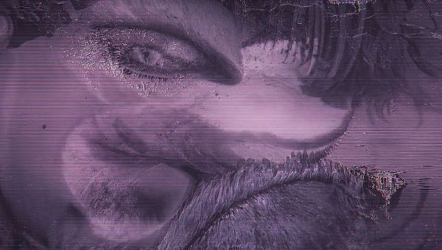 Dystopian grinning digital face with glitch patterns