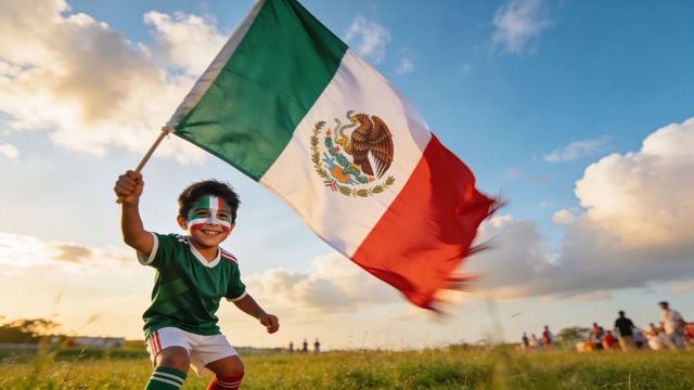Young hispanic boy waving large mexican flag at golden hour, face painted, celebrating