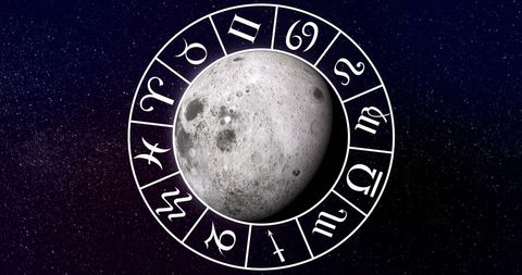 Moon surrounded by zodiac symbols on starry background