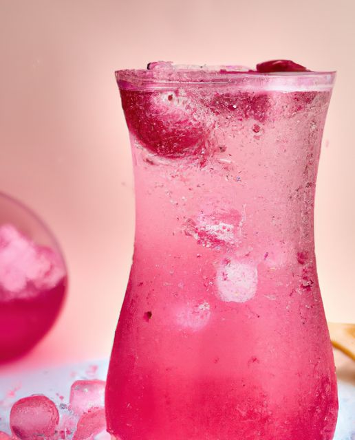 This image showcases a refreshing pink fruit drink with ice cubes and a slice of fruit in a glass. Ideal for promoting summer beverages, cocktail recipes, cafes, bars, and drink menus. Suitable for food bloggers, restaurants, and drink-related advertising.