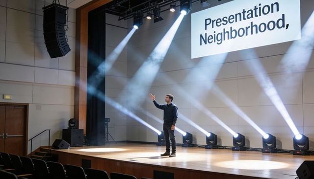 Solo presenter gesturing on stage with spotlights and projection screen, auditorium rehearsal