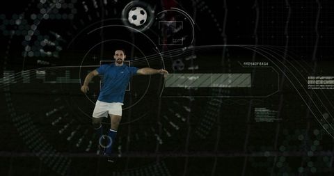 Leaping soccer player heading ball with futuristic hud analytics overlay night stadium