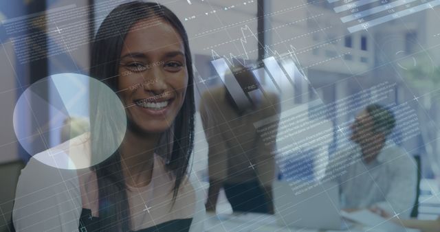 Smiling Woman in Tech Environment with Data Overlays - Download Free Stock Images Pikwizard.com