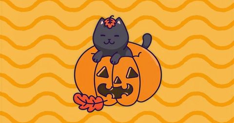Playful Cartoon Cat Resting on Halloween Jack-o-lantern