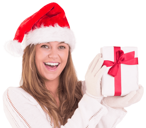 Smiling Blonde Woman Wearing Santa Hat Holding Christmas Gift Transparent