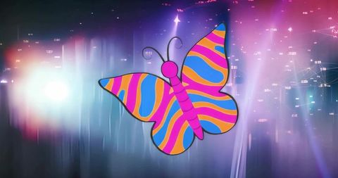 Vibrant Striped Butterfly Floating Over Futuristic Digital Network with Neon Flares