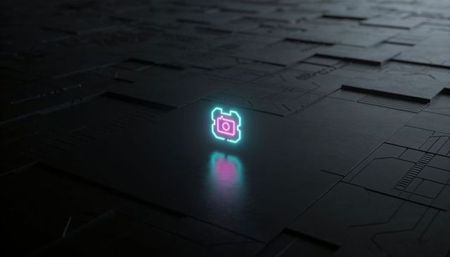 Neon pixel camera icon hovering over matte black circuit tile casting cyan magenta glow