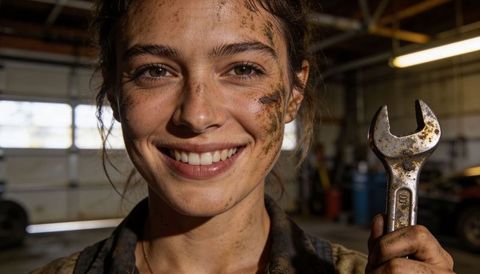 Smiling female mechanic holding rusted wrench in garage portrait, grease-stained coveralls close-up