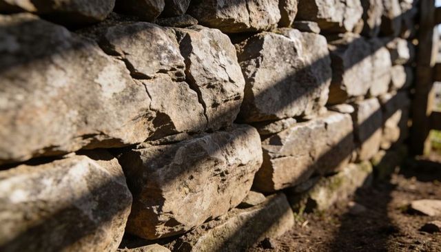 Weathered limestone dry-stone wall close-up with lichen and moss texture and depth