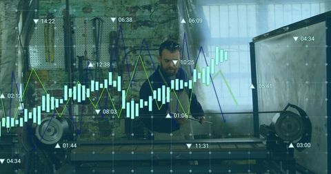Machinist turning metal rod on lathe while data overlay visualizes shop performance metrics