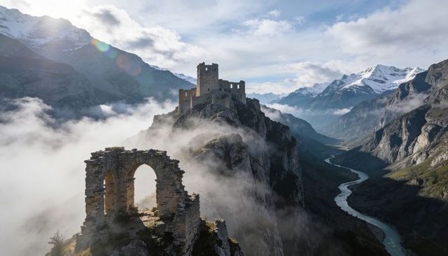 Ancient ruined castle crowning misty alpine ridge overlooking winding river and snow peaks