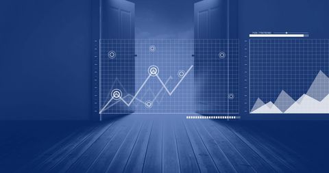 Digital Interface Charts Projected Through Open Doors in Blue Room - Download Free Stock Images Pikwizard.com