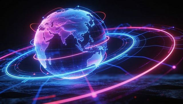 Holographic neon globe with digital network rings and futuristic data visualization