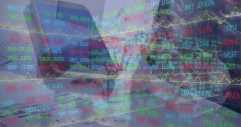 Stock market data overlay on smartphone and laptop