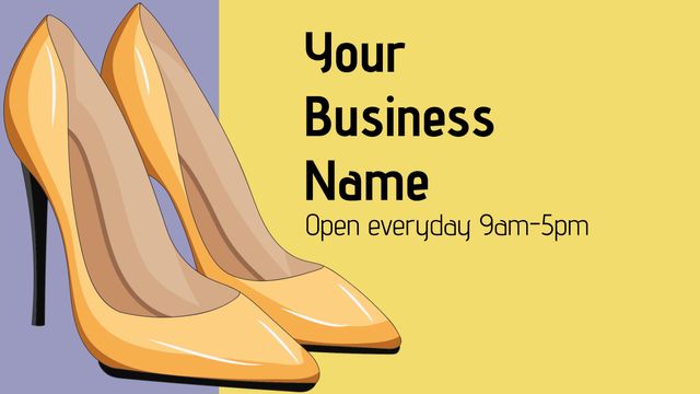 Elegant template featuring glossy high heel shoes perfect for promoting fashion boutiques. Professional design for advertising business information, such as contact details and open hours. Useful for creating promotional materials, social media posts, and storefront signage.