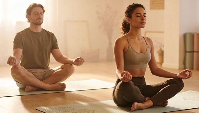 Sunlit Studio Meditation Session with Calm Couple Practicing Mindful Breathing and Balance