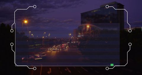 Data Processing Interface Overlaying Cityscape at Night