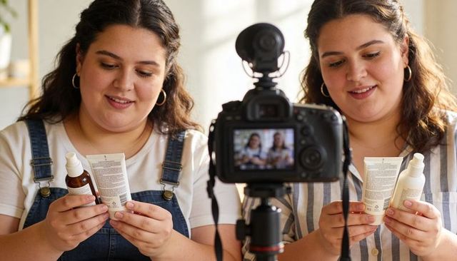 Co-hosting skincare review: two women reading product labels with dslr camera