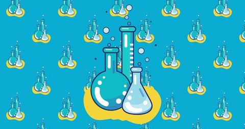 Colorful chemistry beakers icons on blue pattern background