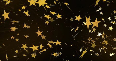 Shimmering Golden Star Confetti Drifting on Dark Backdrop with Motion Blur and Sparkle